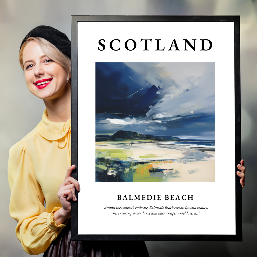 Person holding a poster of Balmedie Beach