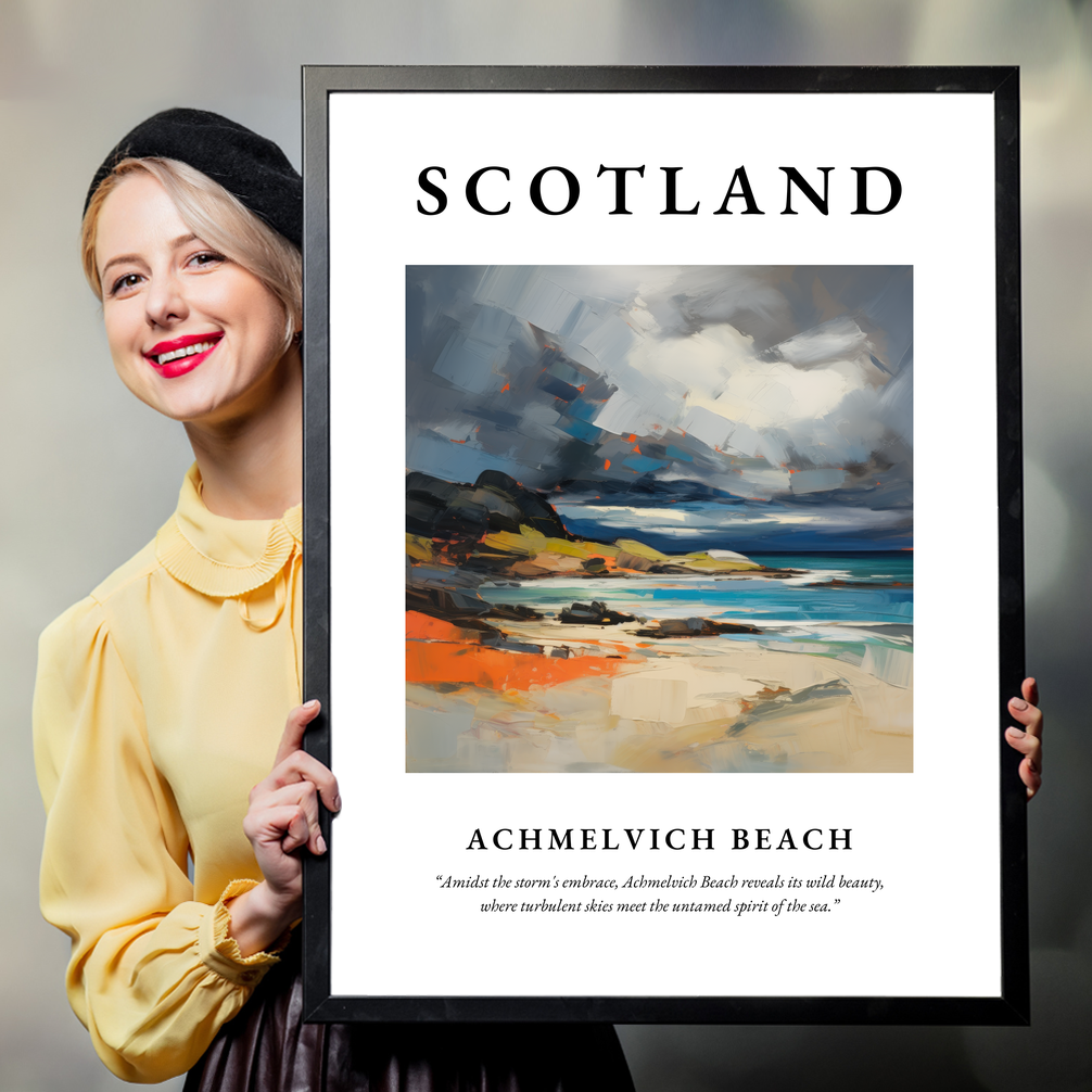 Person holding a poster of Achmelvich Beach