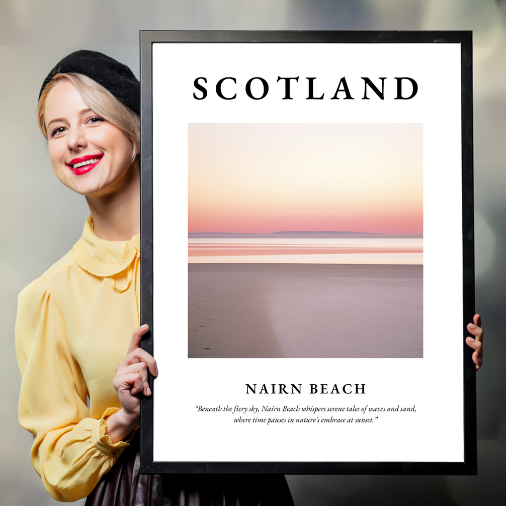 Person holding a poster of Nairn Beach