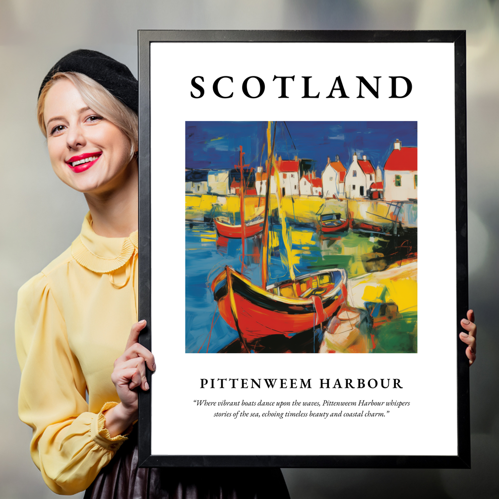 Person holding a poster of Pittenweem Harbour