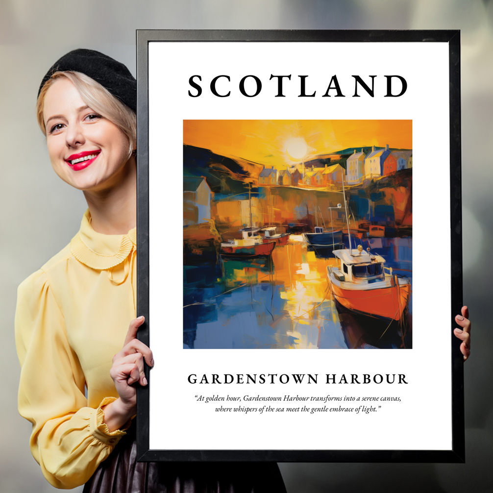 Person holding a poster of Gardenstown Harbour