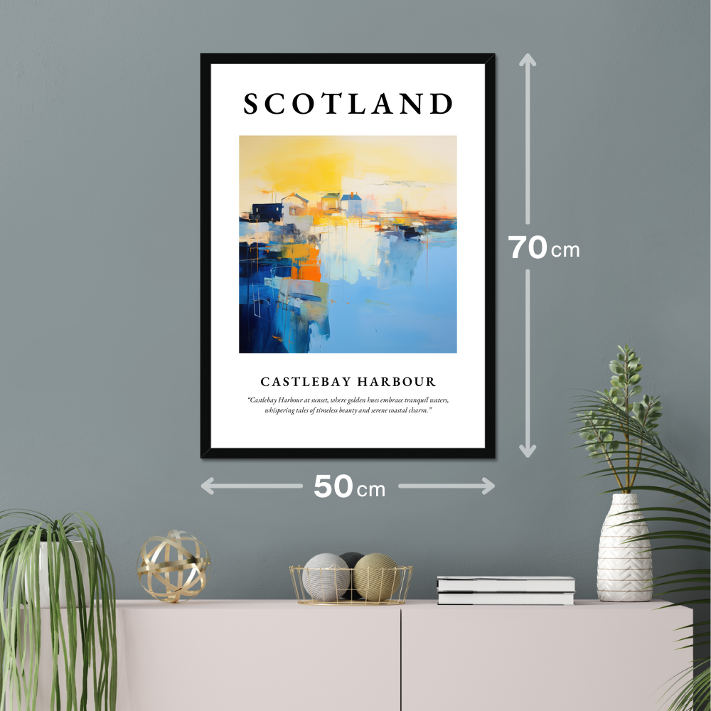 Poster of Castlebay Harbour hanging on a wall