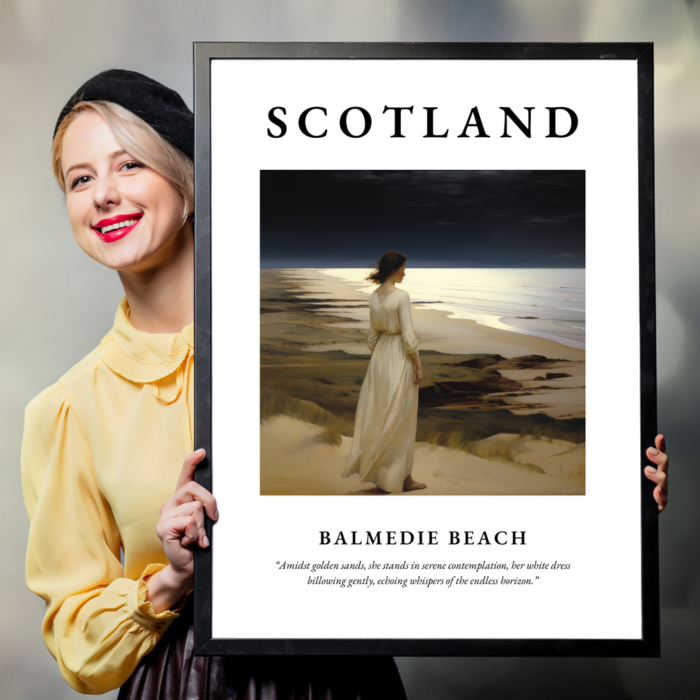 Person holding a poster of Balmedie Beach