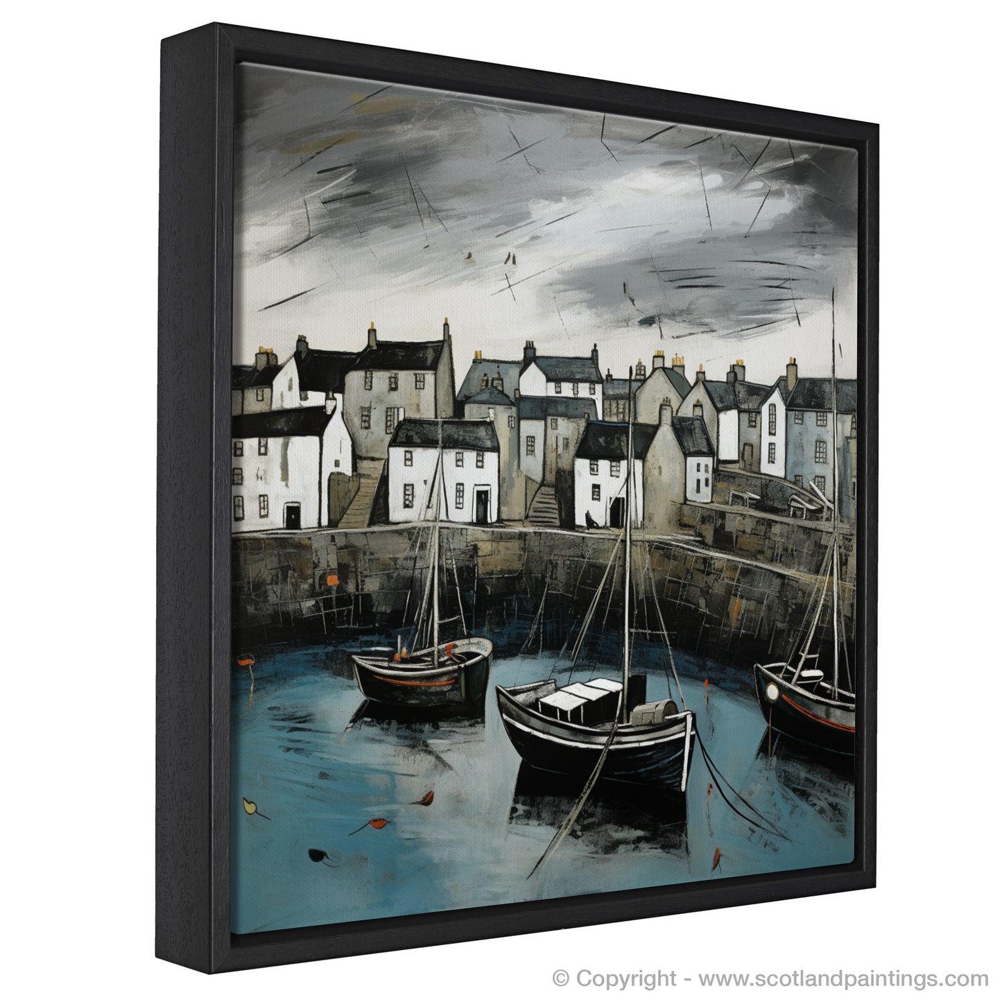 Painting and Art Print of Portsoy Harbour with a stormy sky. Stormy Skies Over Portsoy Harbour.