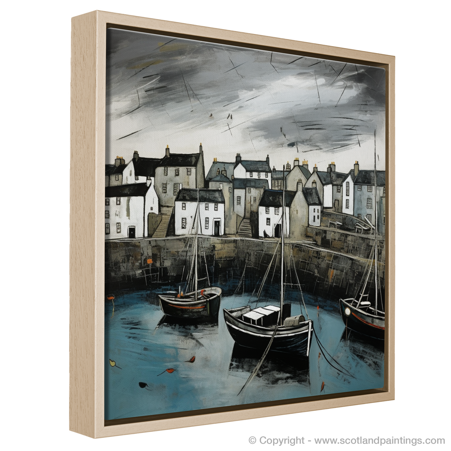 Painting and Art Print of Portsoy Harbour with a stormy sky. Stormy Skies Over Portsoy Harbour.