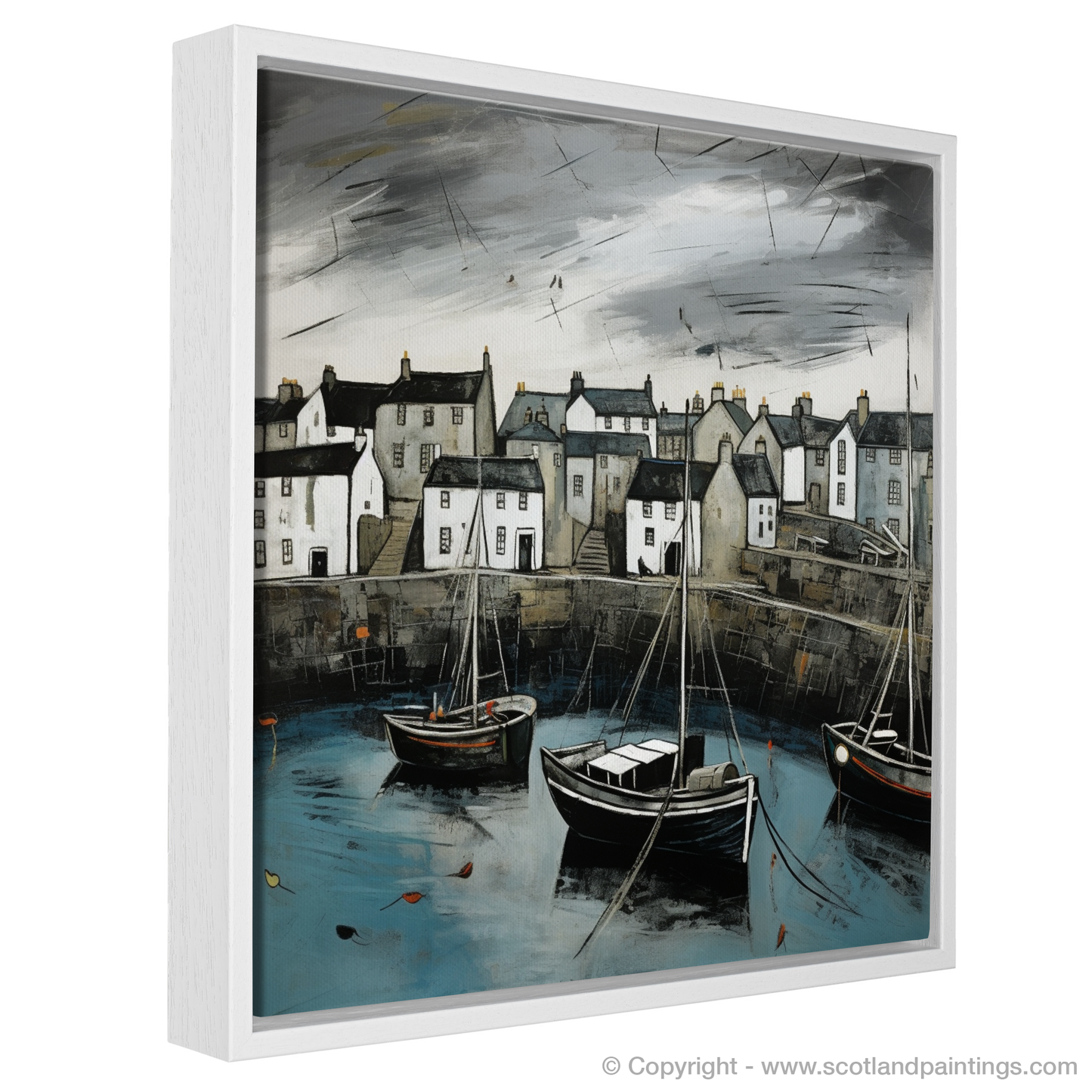 Painting and Art Print of Portsoy Harbour with a stormy sky. Stormy Skies Over Portsoy Harbour.