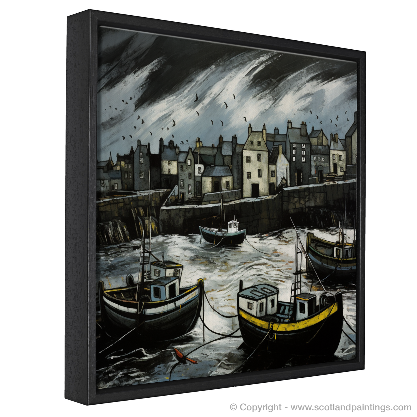 Painting and Art Print of Portsoy Harbour with a stormy sky. Stormy Serenade at Portsoy Harbour.