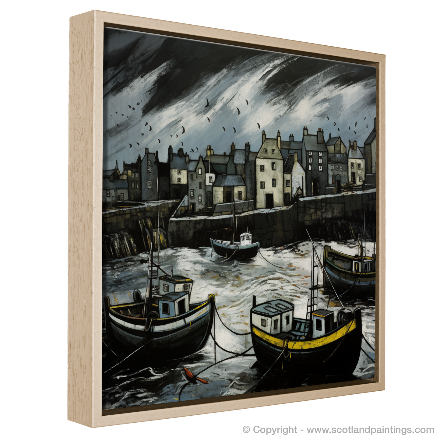 Painting and Art Print of Portsoy Harbour with a stormy sky. Stormy Serenade at Portsoy Harbour.