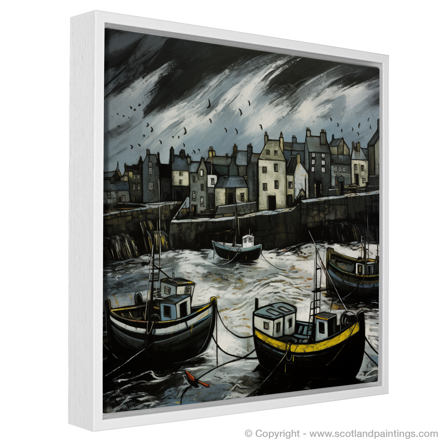 Painting and Art Print of Portsoy Harbour with a stormy sky. Stormy Serenade at Portsoy Harbour.