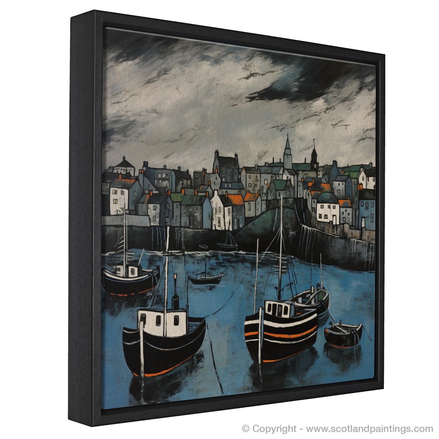 Painting and Art Print of Portsoy Harbour with a stormy sky. Stormy Skies over Portsoy Harbour: An Illustrative Expressionist Tribute.