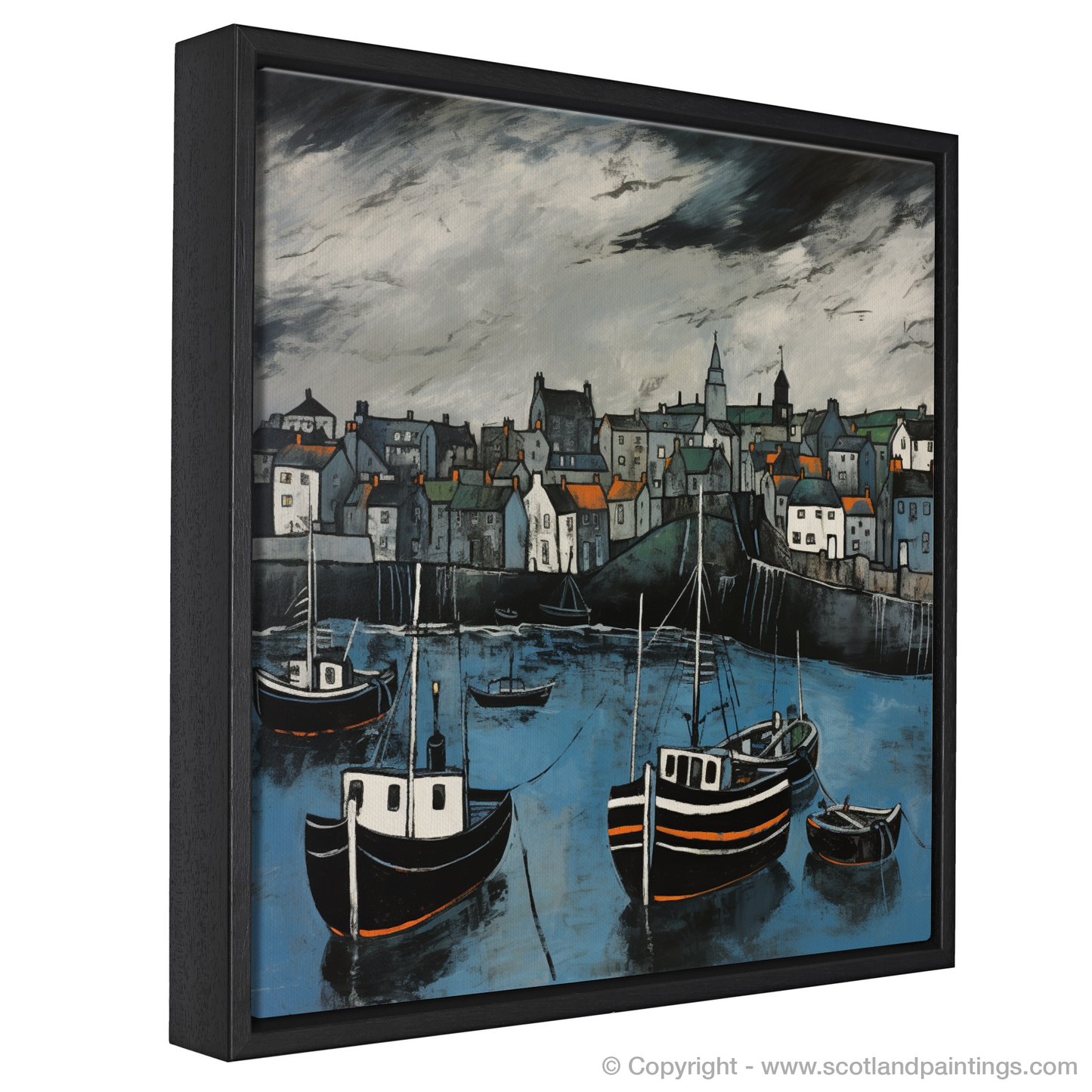 Painting and Art Print of Portsoy Harbour with a stormy sky. Stormy Skies over Portsoy Harbour: An Illustrative Expressionist Tribute.