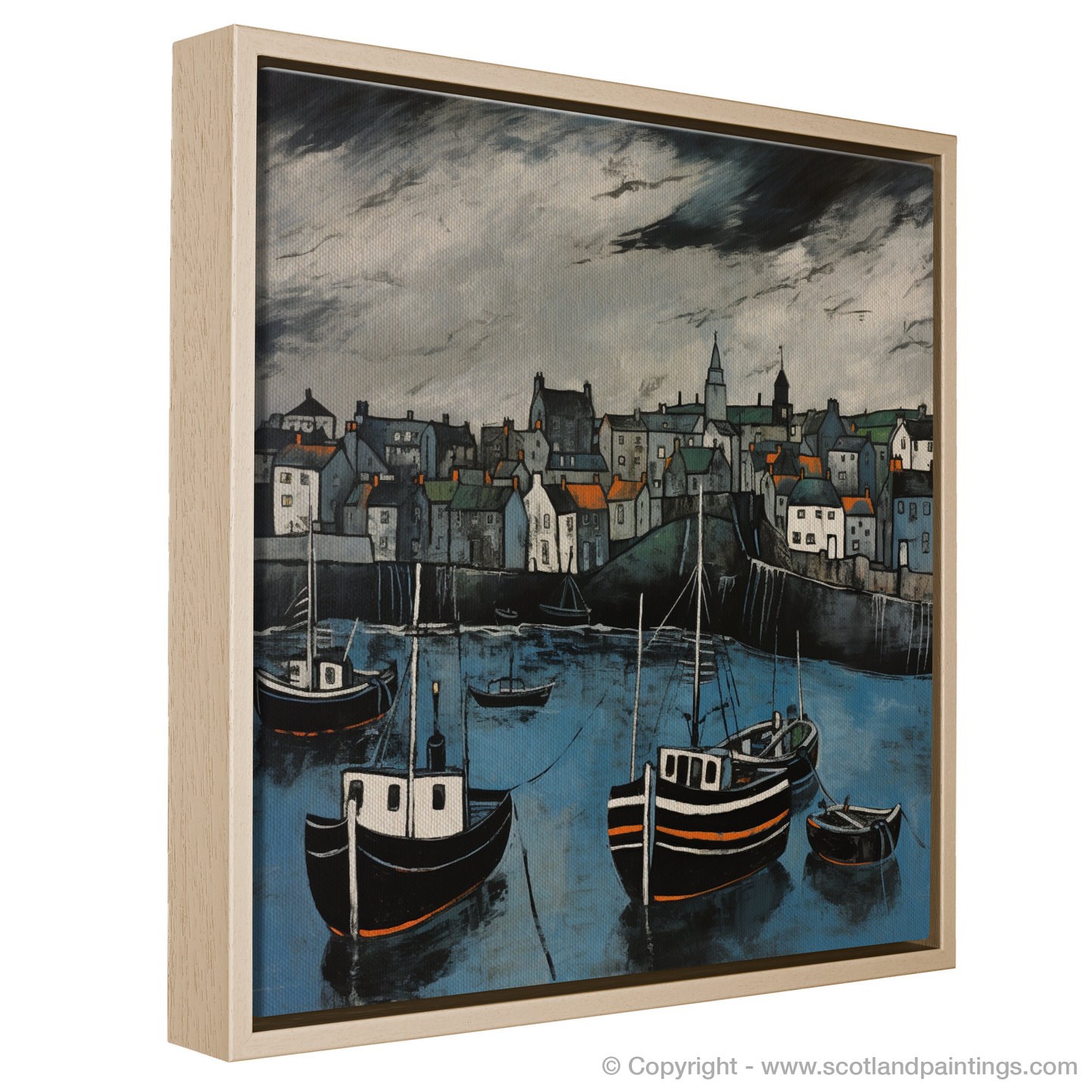 Painting and Art Print of Portsoy Harbour with a stormy sky. Stormy Skies over Portsoy Harbour: An Illustrative Expressionist Tribute.