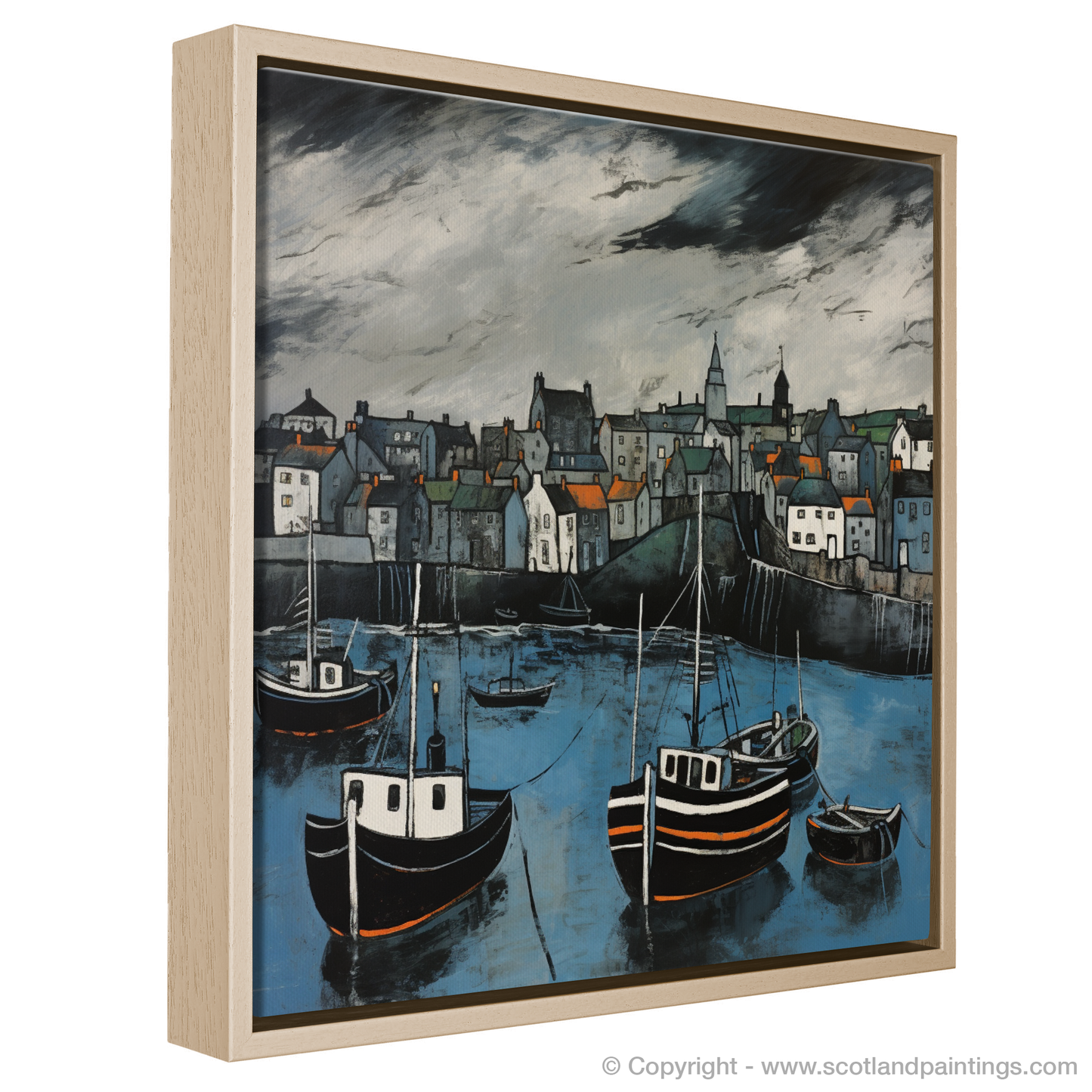 Painting and Art Print of Portsoy Harbour with a stormy sky. Stormy Skies over Portsoy Harbour: An Illustrative Expressionist Tribute.