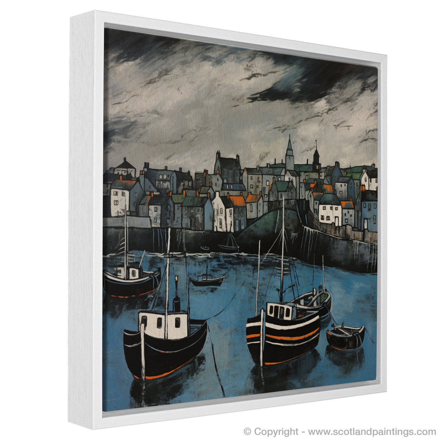 Painting and Art Print of Portsoy Harbour with a stormy sky. Stormy Skies over Portsoy Harbour: An Illustrative Expressionist Tribute.