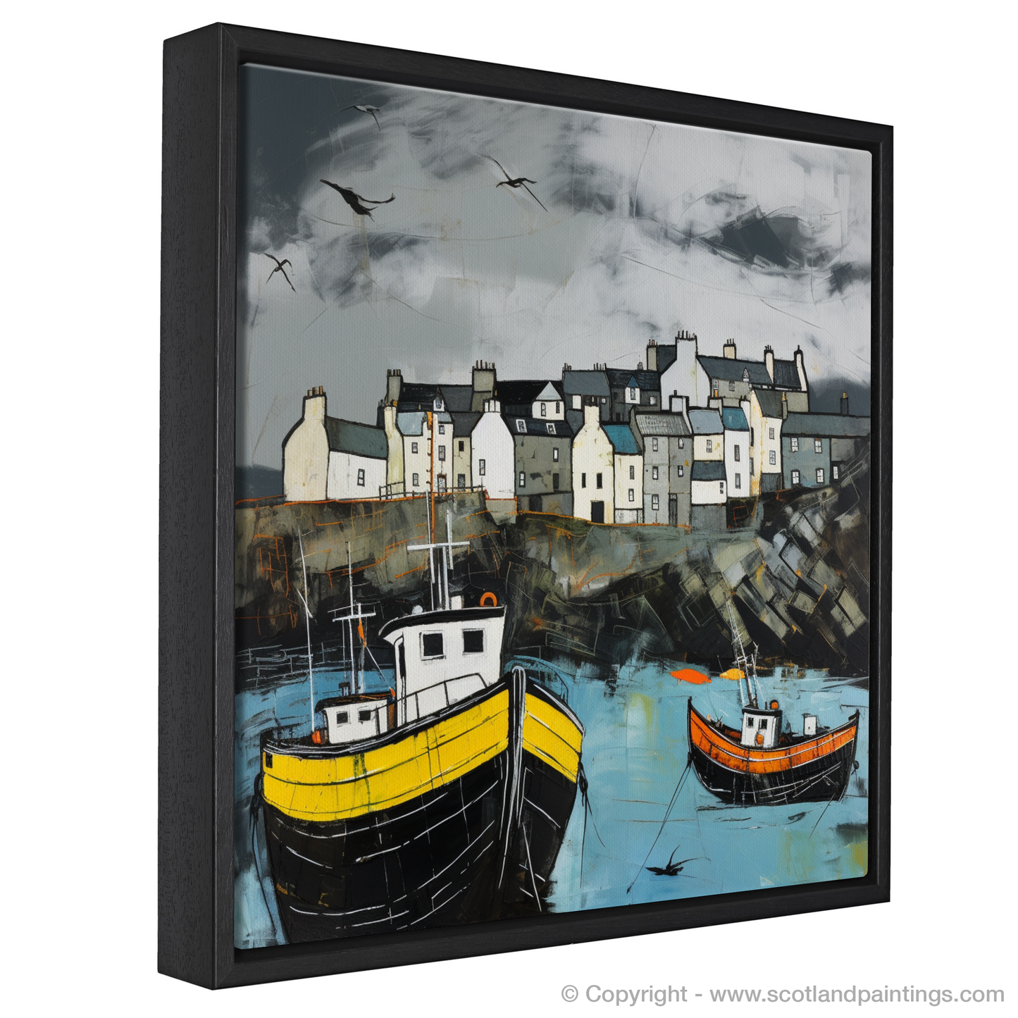 Painting and Art Print of Portsoy Harbour with a stormy sky entitled "Stormy Embrace at Portsoy Harbour".