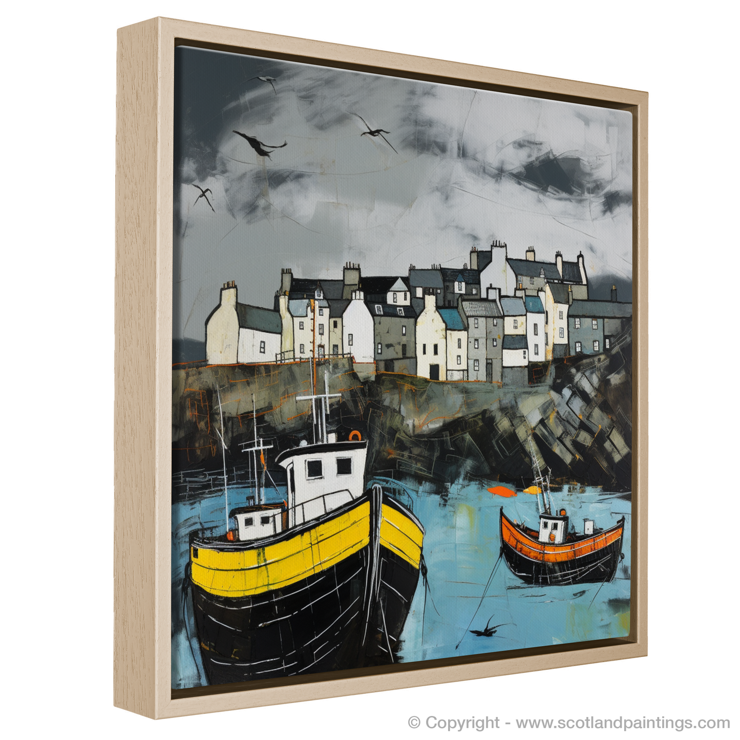 Painting and Art Print of Portsoy Harbour with a stormy sky entitled "Stormy Embrace at Portsoy Harbour".