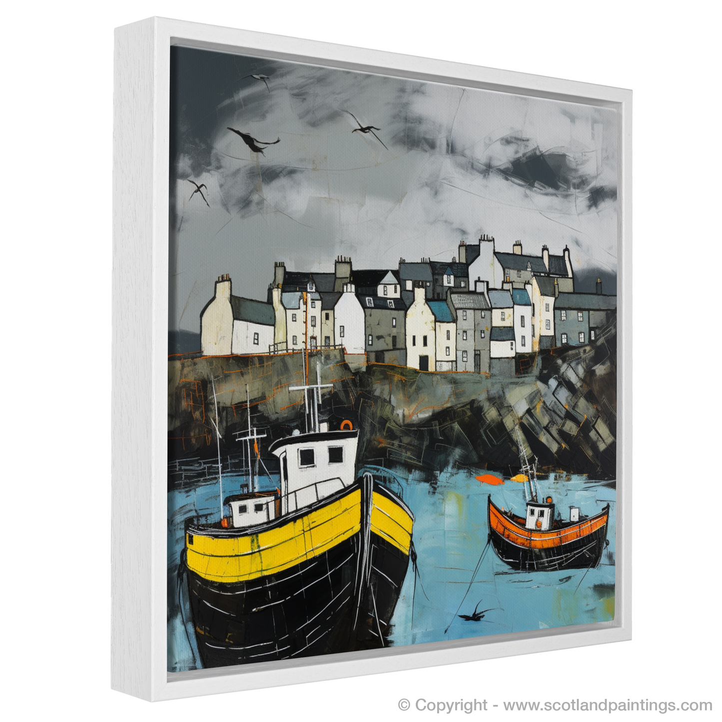 Painting and Art Print of Portsoy Harbour with a stormy sky entitled "Stormy Embrace at Portsoy Harbour".