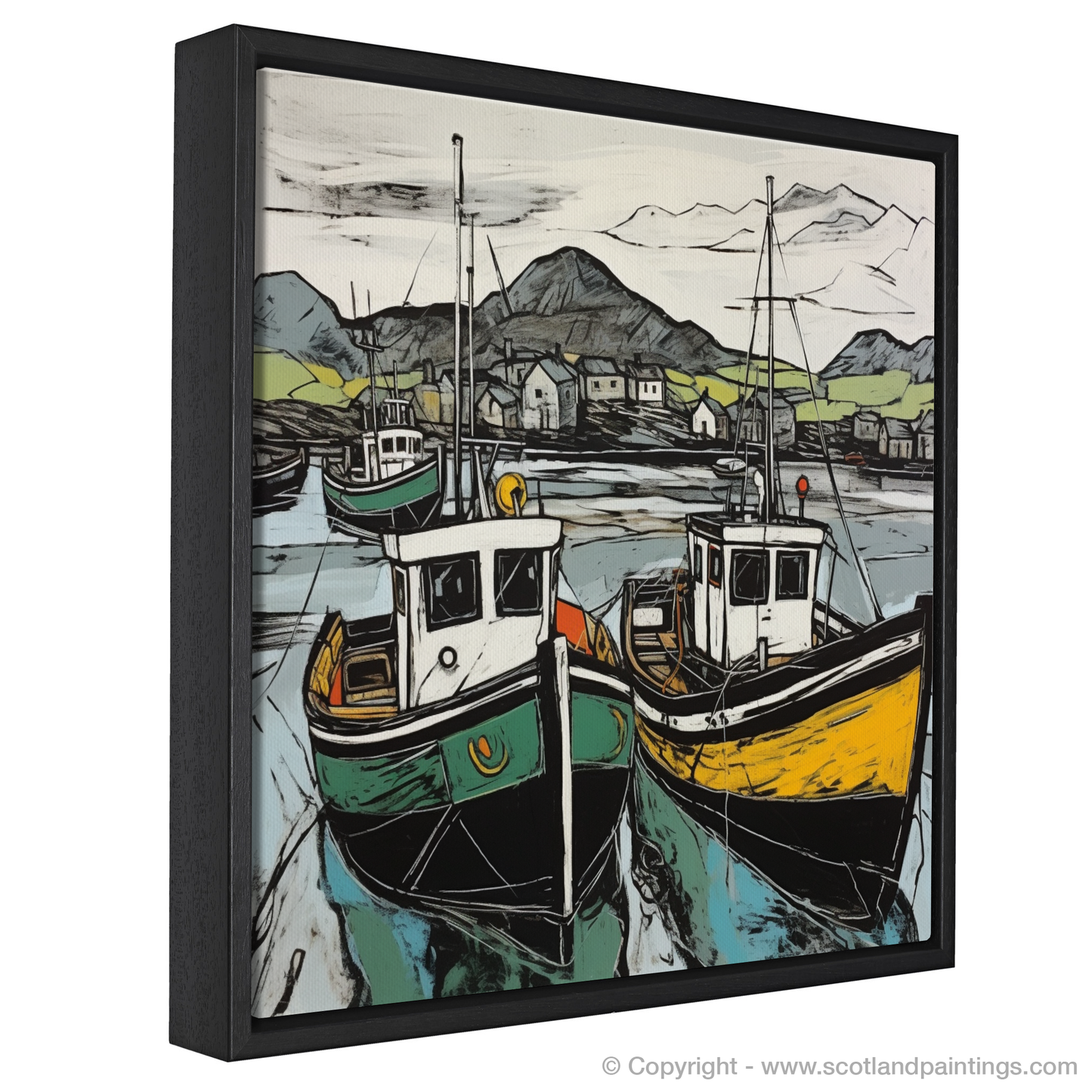 Painting and Art Print of Castlebay Harbour, Isle of Barra entitled "Harbour Hues: An Illustrative Expressionist Take on Castlebay, Isle of Barra".