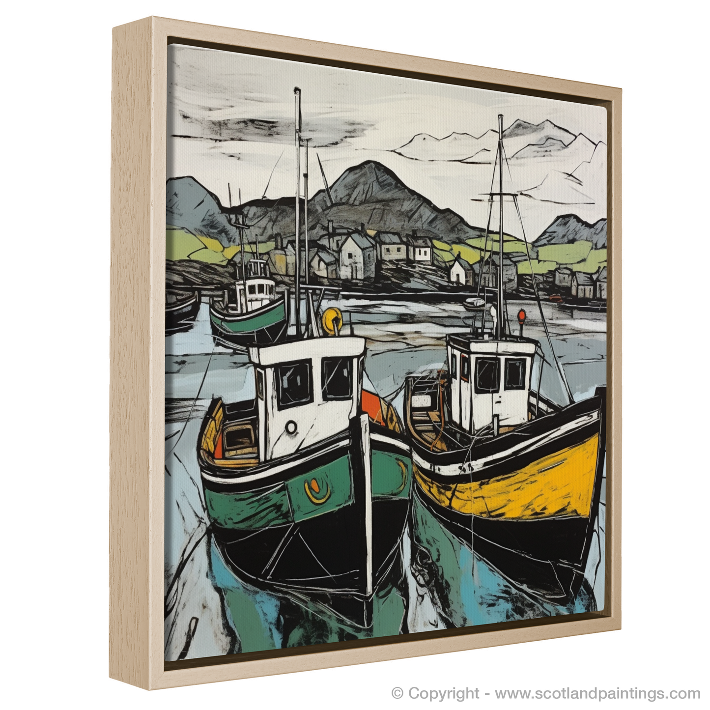 Painting and Art Print of Castlebay Harbour, Isle of Barra entitled "Harbour Hues: An Illustrative Expressionist Take on Castlebay, Isle of Barra".