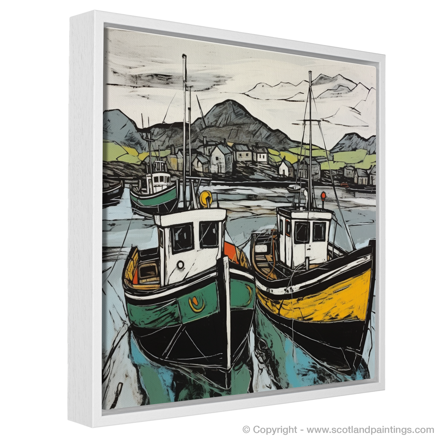 Painting and Art Print of Castlebay Harbour, Isle of Barra entitled "Harbour Hues: An Illustrative Expressionist Take on Castlebay, Isle of Barra".