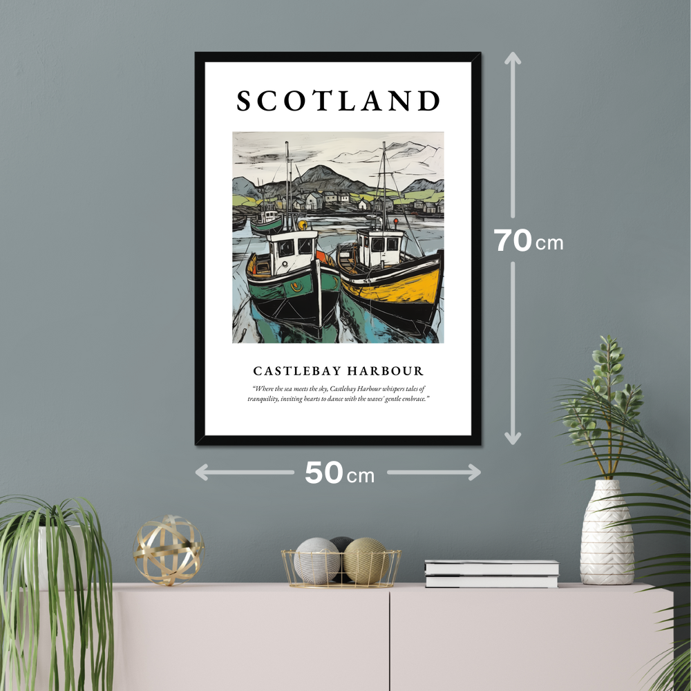 Poster of Castlebay Harbour hanging on a wall