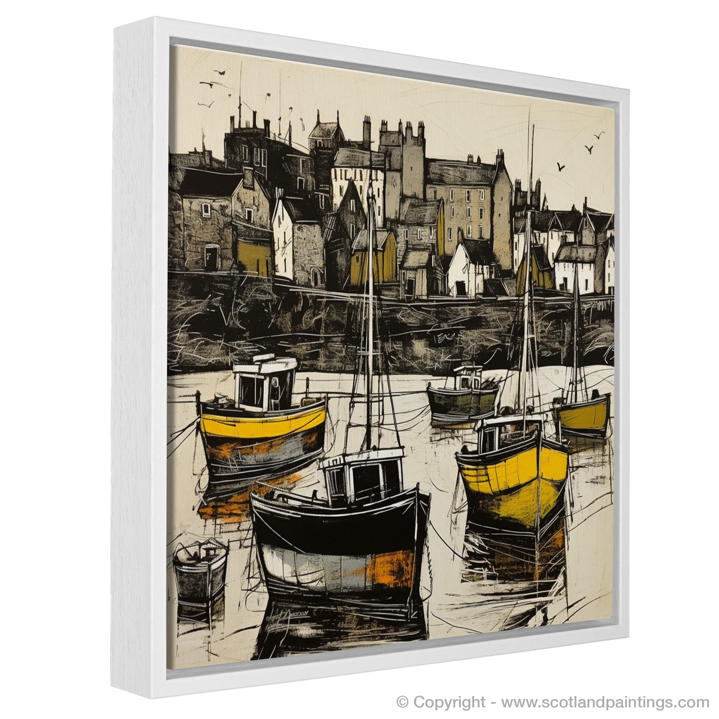 Painting and Art Print of Castlebay Harbour, Isle of Barra entitled "Harbour Dance: An Illustrative Expression of Castlebay, Isle of Barra".