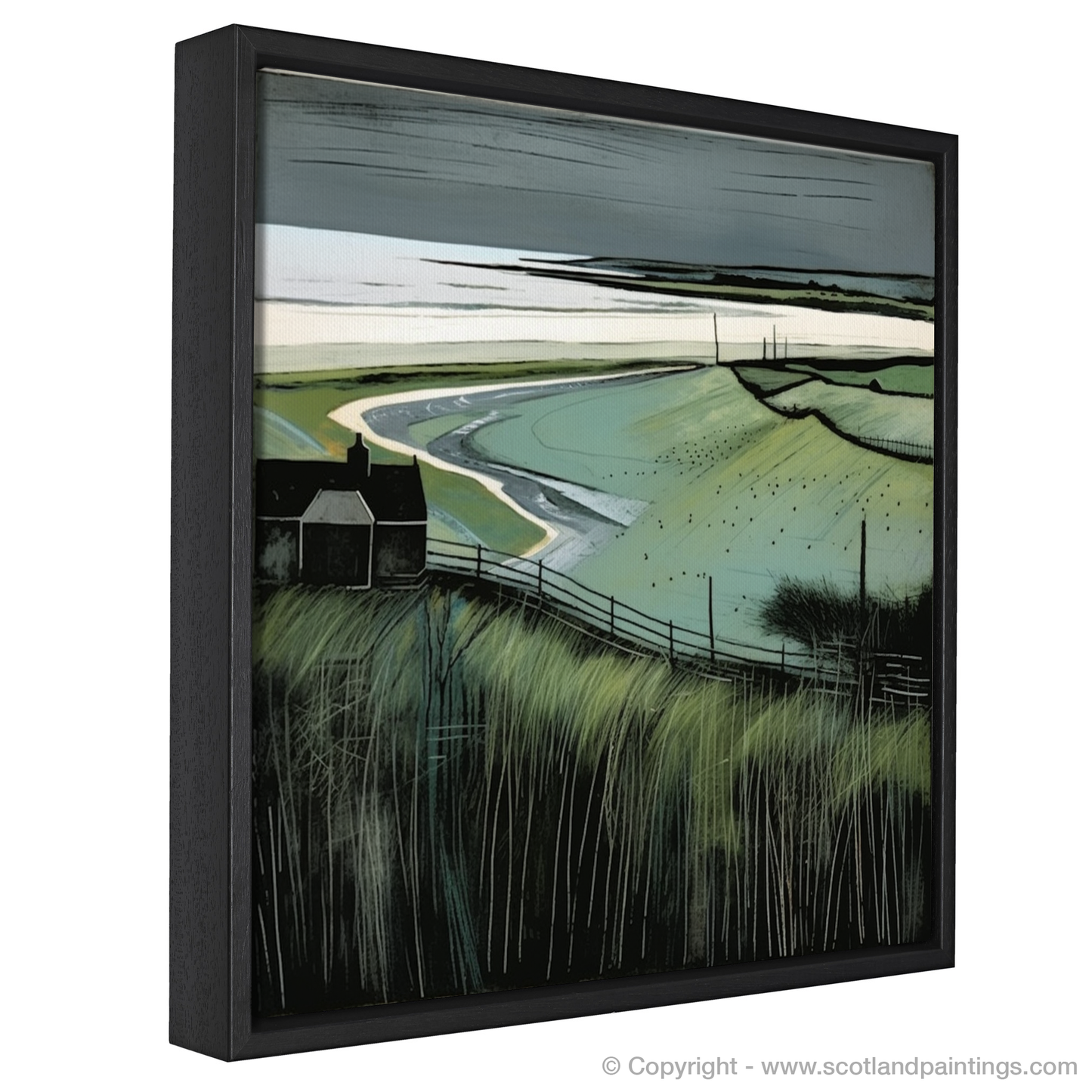 Painting and Art Print of Lunan Bay, Angus entitled "Lunan Bay Unleashed: An Illustrative Expression of Wild Scottish Beauty".