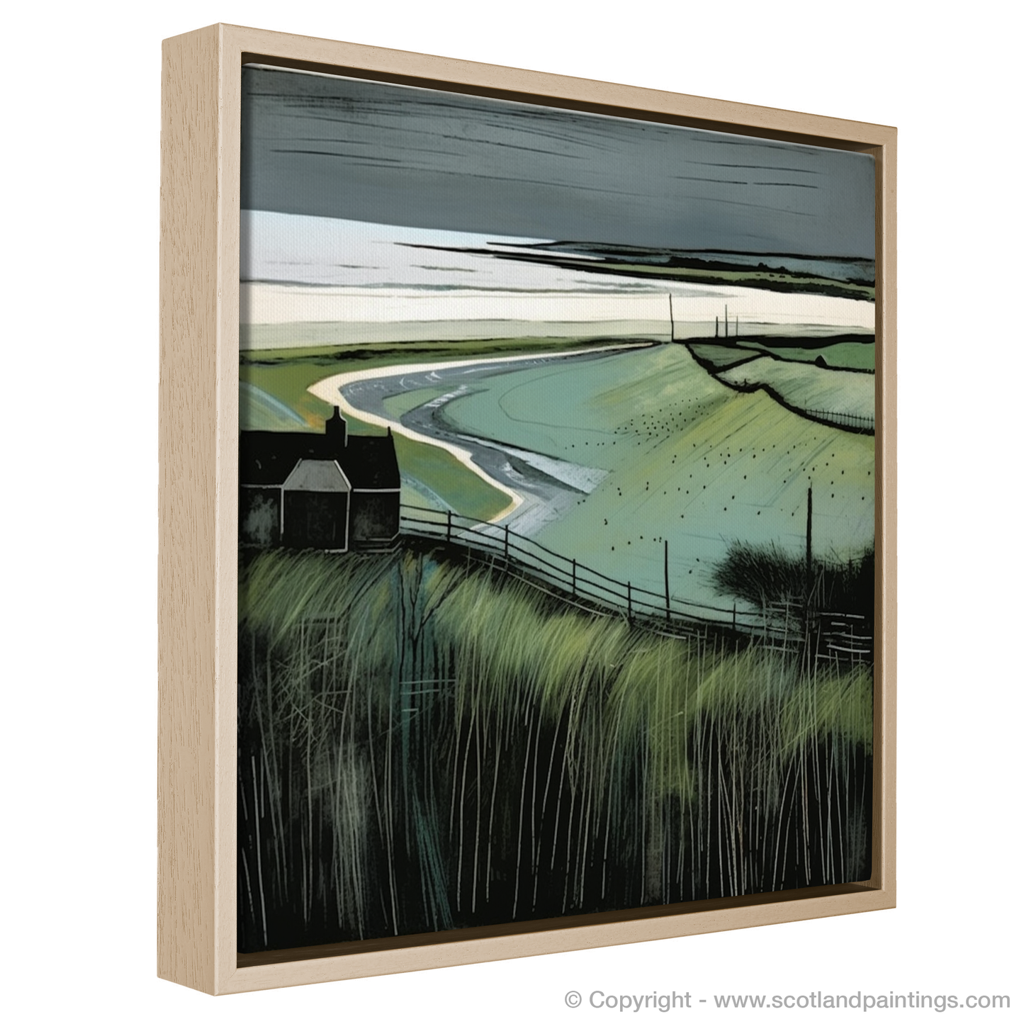 Painting and Art Print of Lunan Bay, Angus entitled "Lunan Bay Unleashed: An Illustrative Expression of Wild Scottish Beauty".