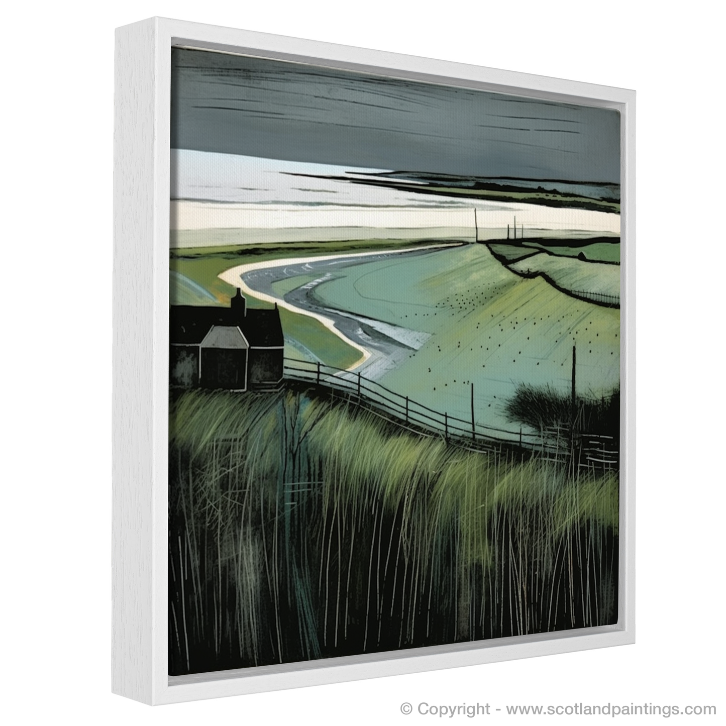 Painting and Art Print of Lunan Bay, Angus entitled "Lunan Bay Unleashed: An Illustrative Expression of Wild Scottish Beauty".