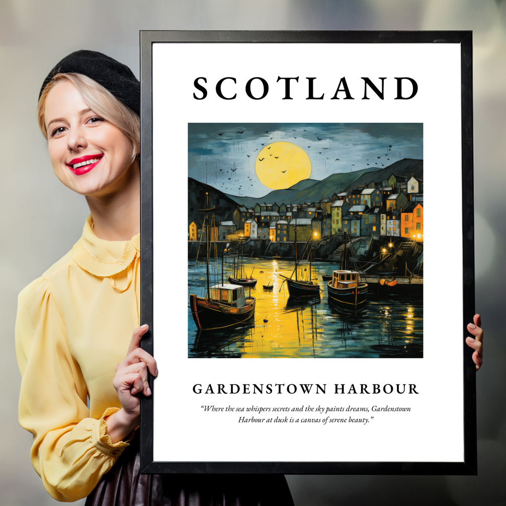 Person holding a poster of Gardenstown Harbour