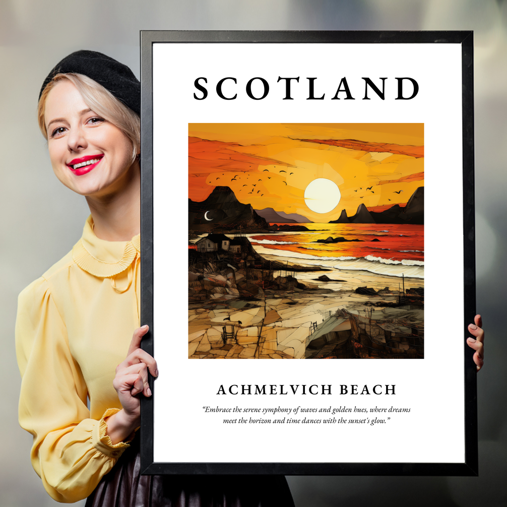 Person holding a poster of Achmelvich Beach