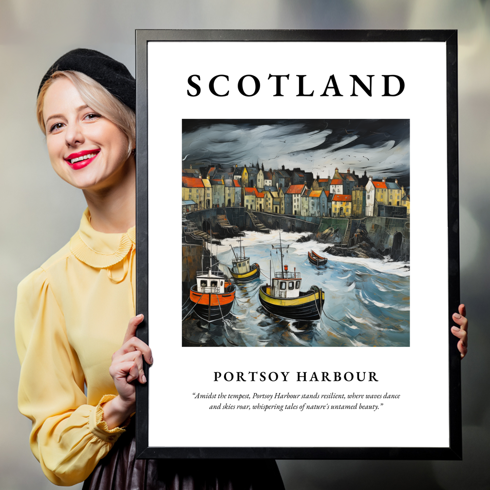 Person holding a poster of Portsoy Harbour