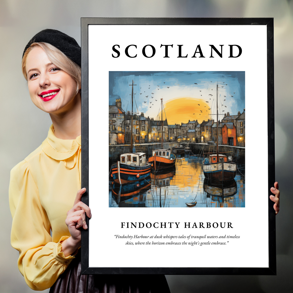 Person holding a poster of Findochty Harbour