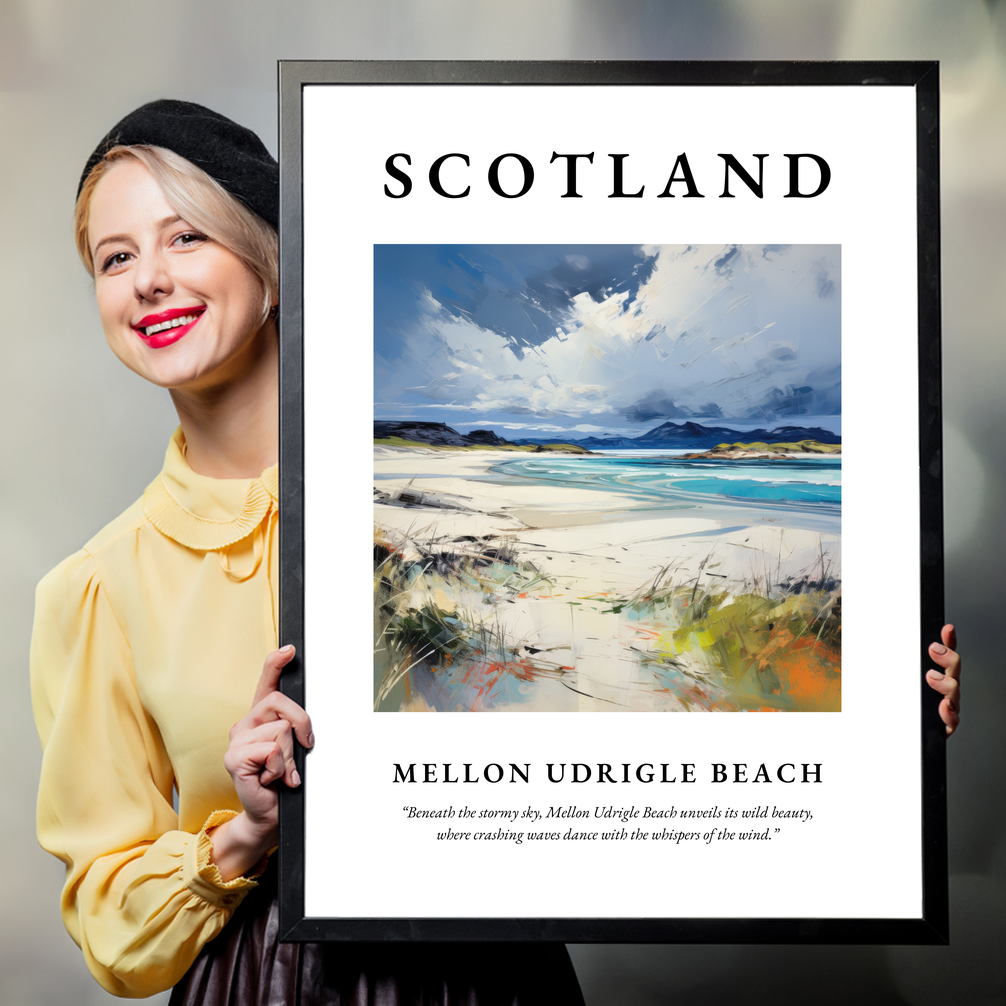 Person holding a poster of Mellon Udrigle Beach