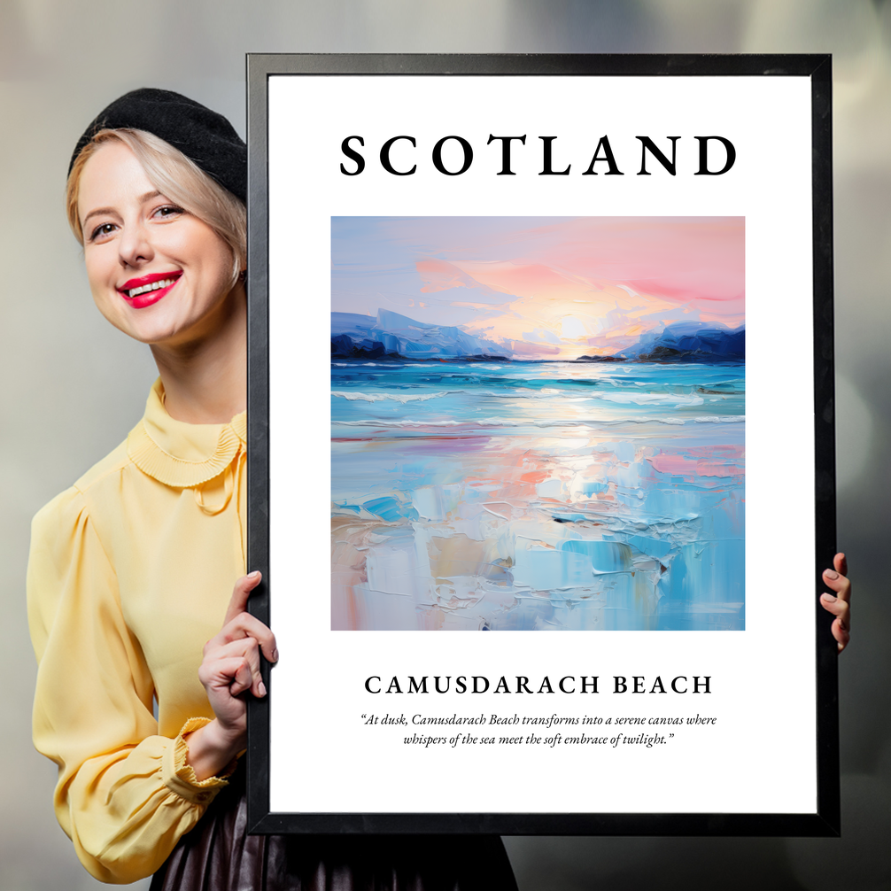 Person holding a poster of Camusdarach Beach