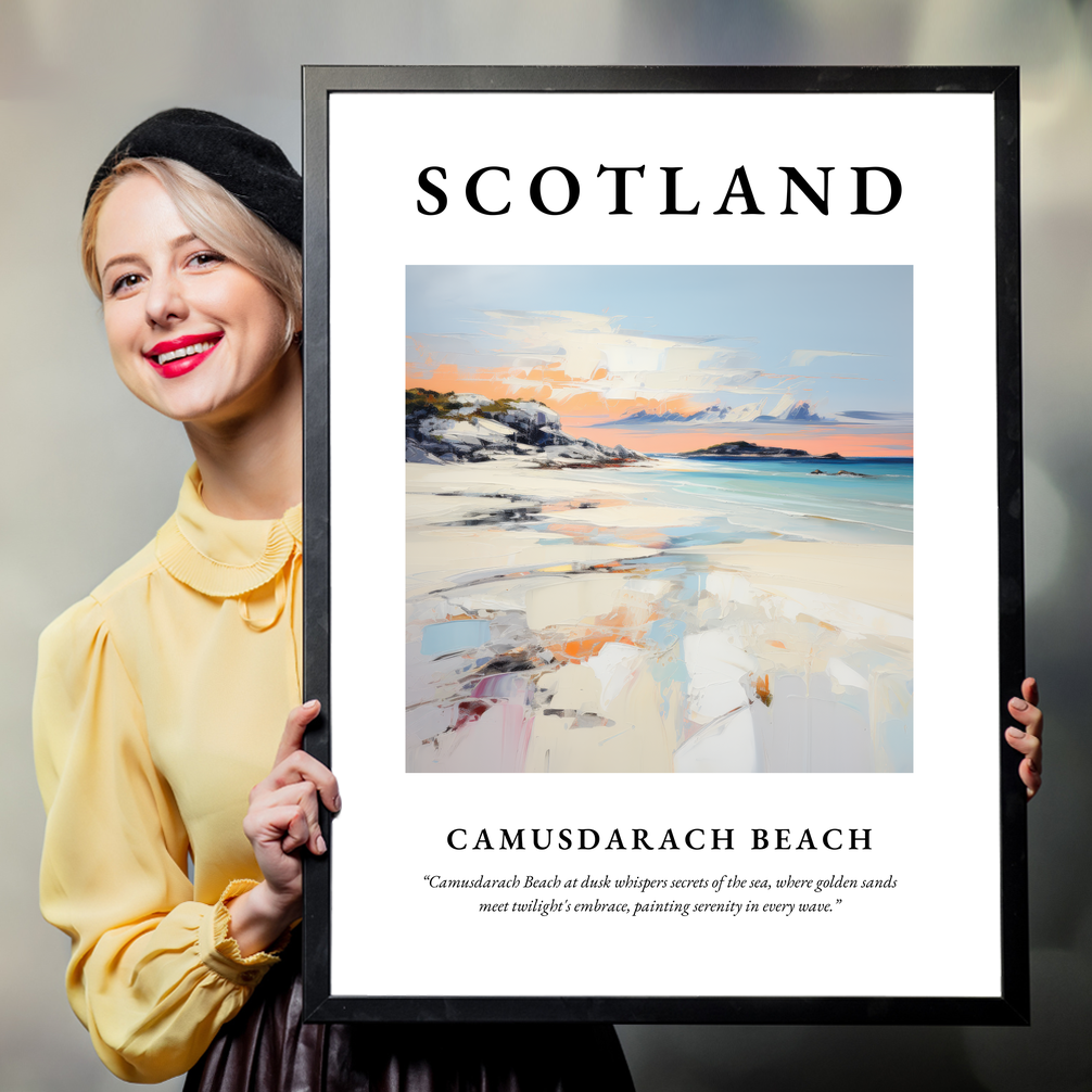 Person holding a poster of Camusdarach Beach