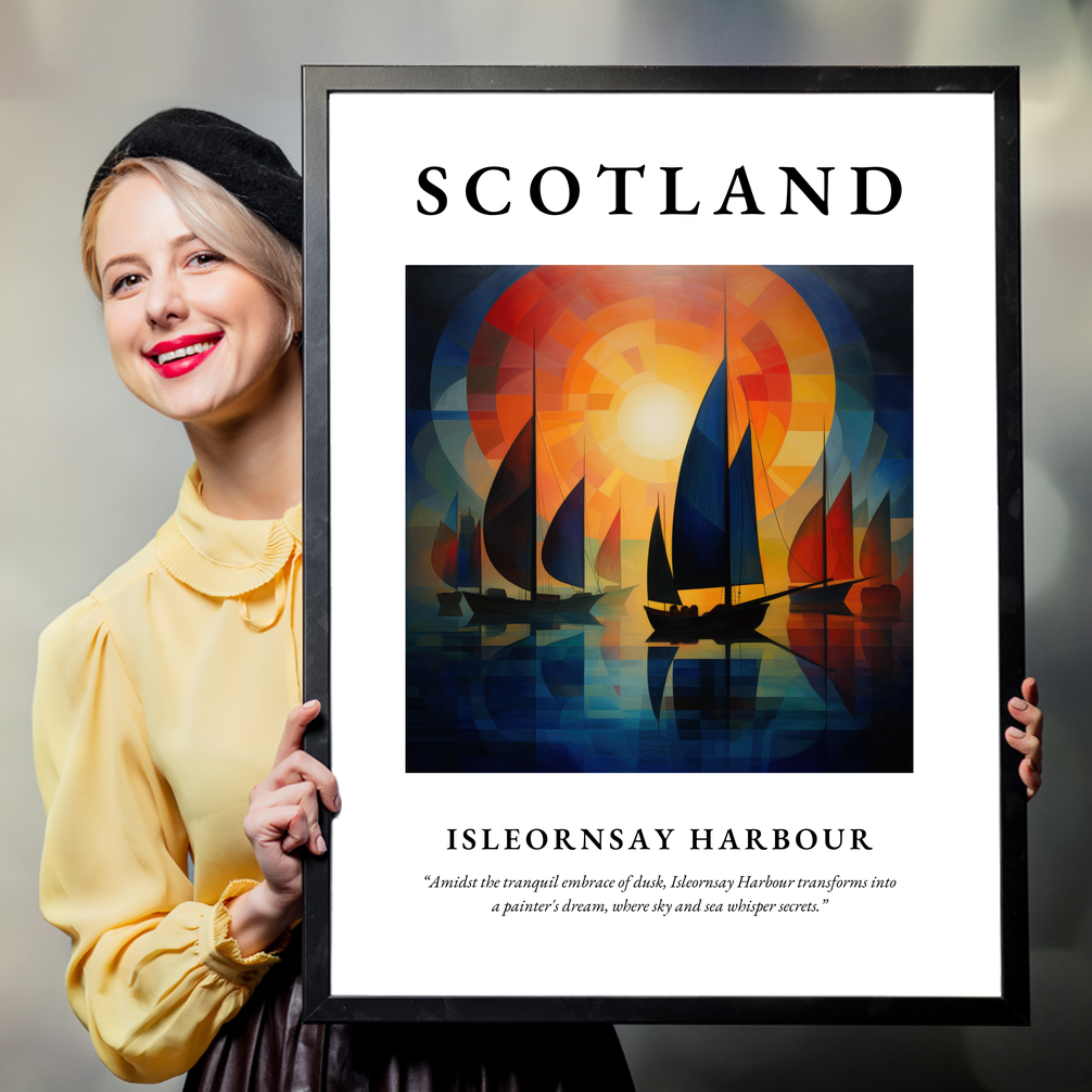 Person holding a poster of Isleornsay Harbour