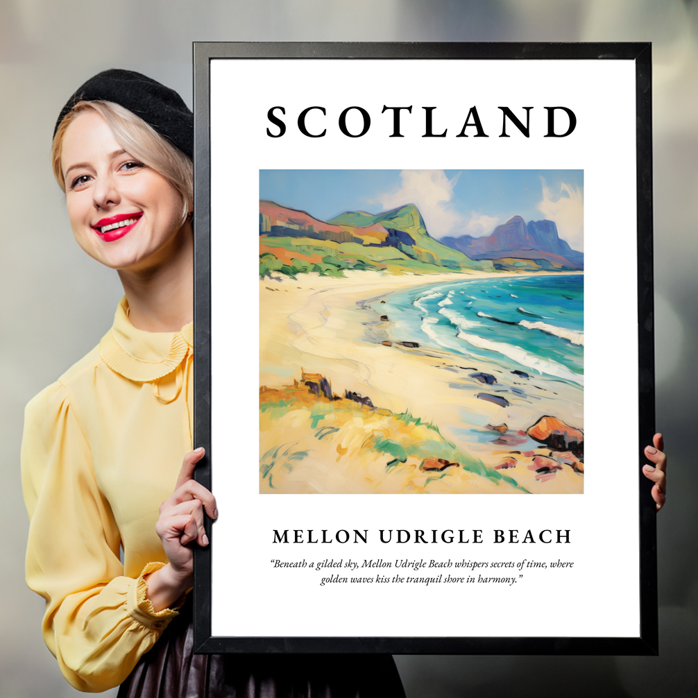 Person holding a poster of Mellon Udrigle Beach