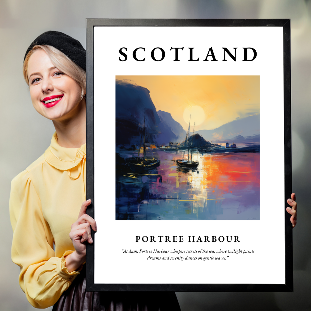 Person holding a poster of Portree Harbour