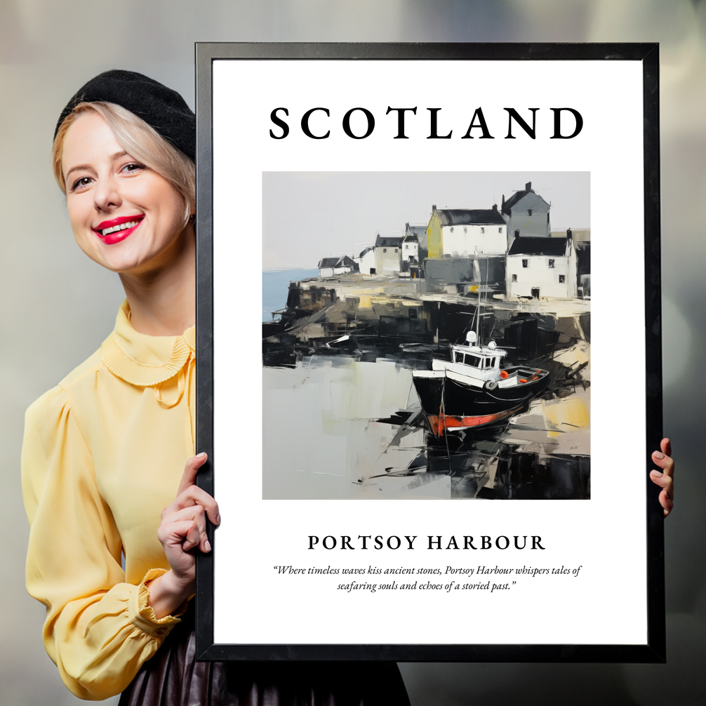 Person holding a poster of Portsoy Harbour