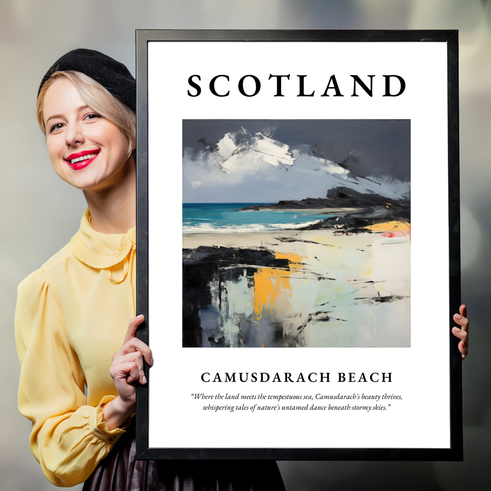 Person holding a poster of Camusdarach Beach