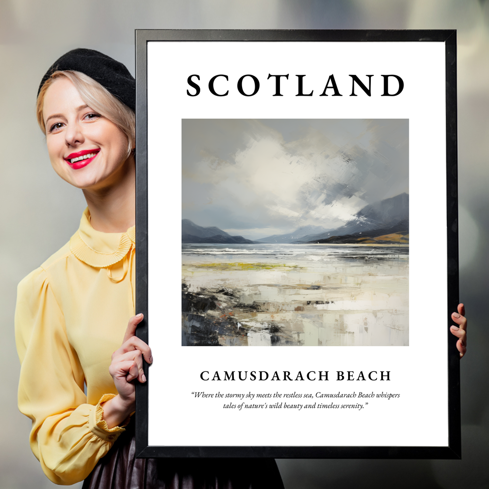 Person holding a poster of Camusdarach Beach