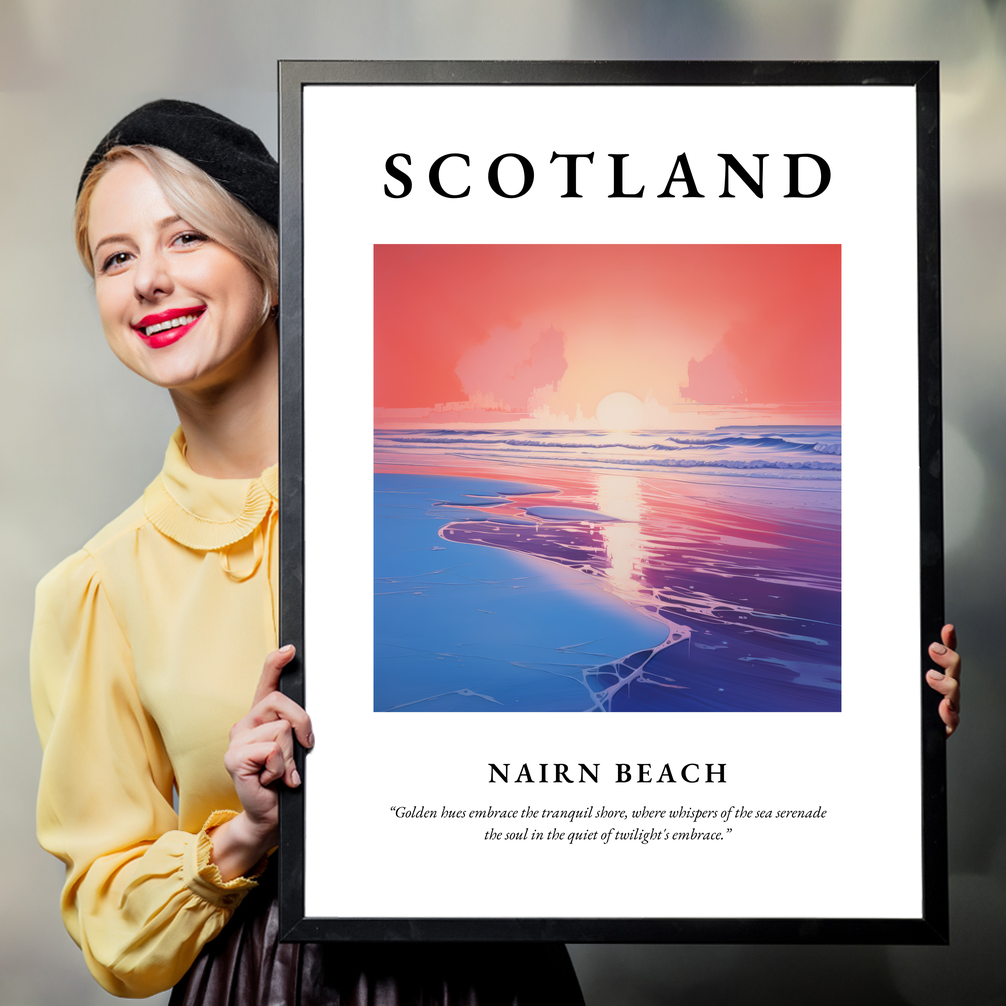 Person holding a poster of Nairn Beach