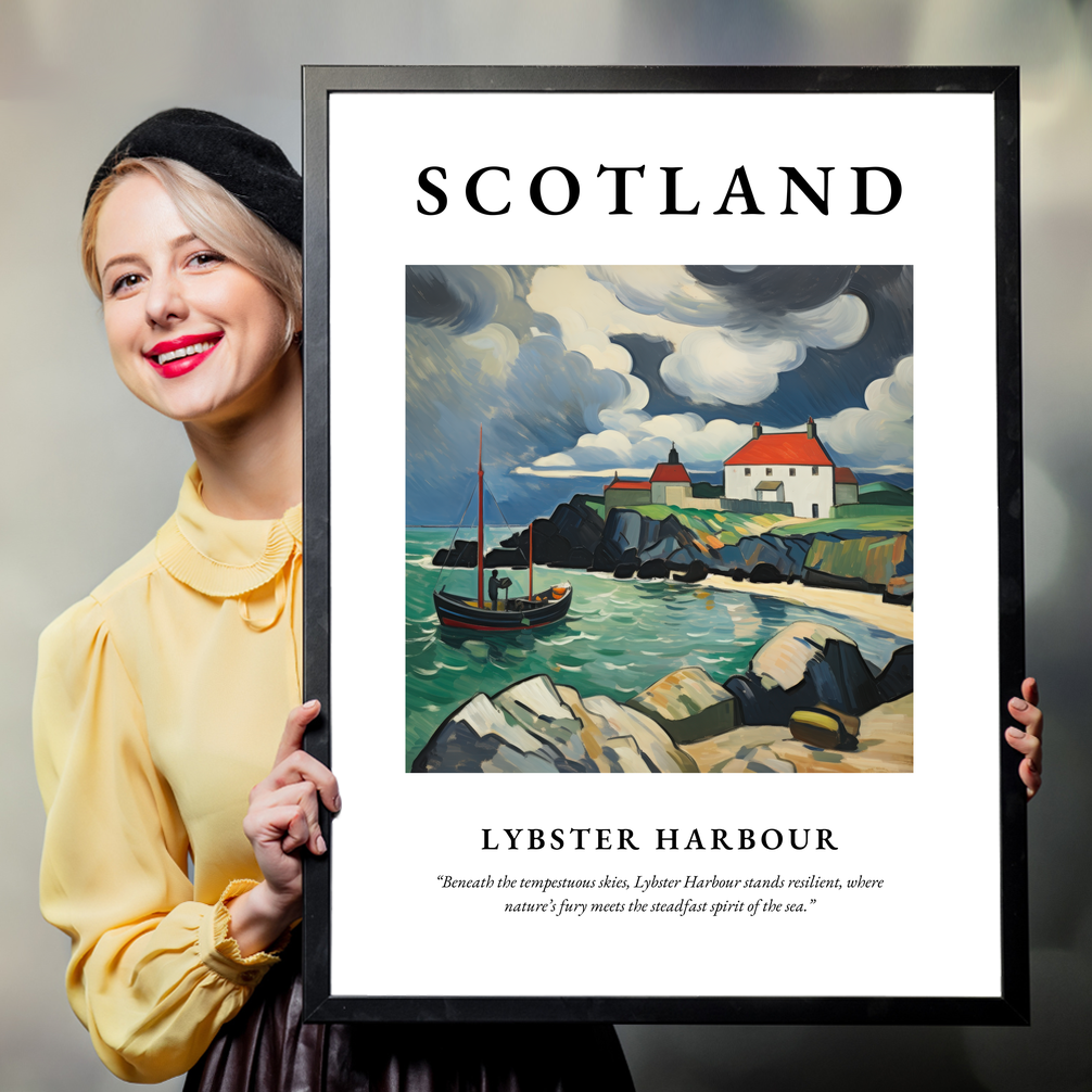 Person holding a poster of Lybster Harbour