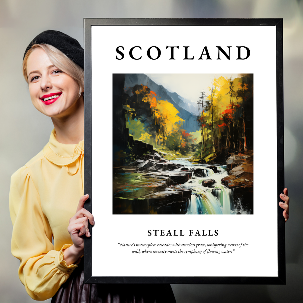 Person holding a poster of Steall Falls