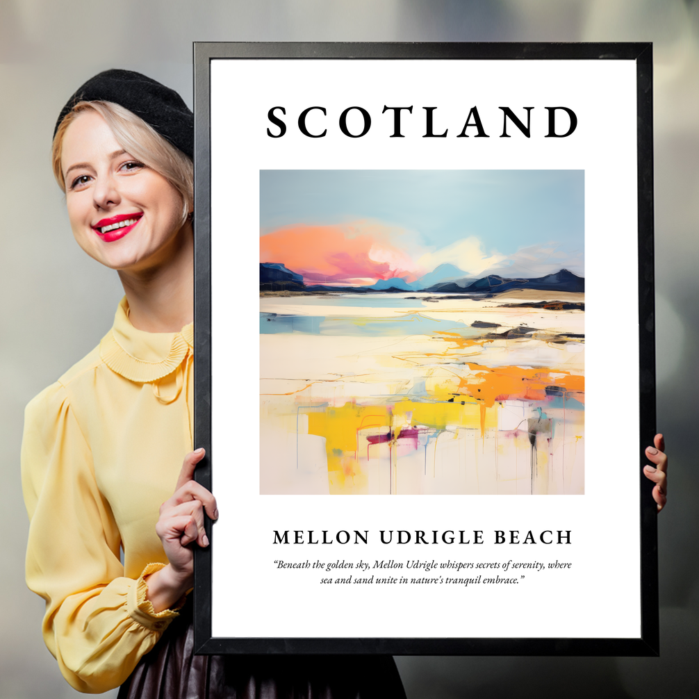 Person holding a poster of Mellon Udrigle Beach