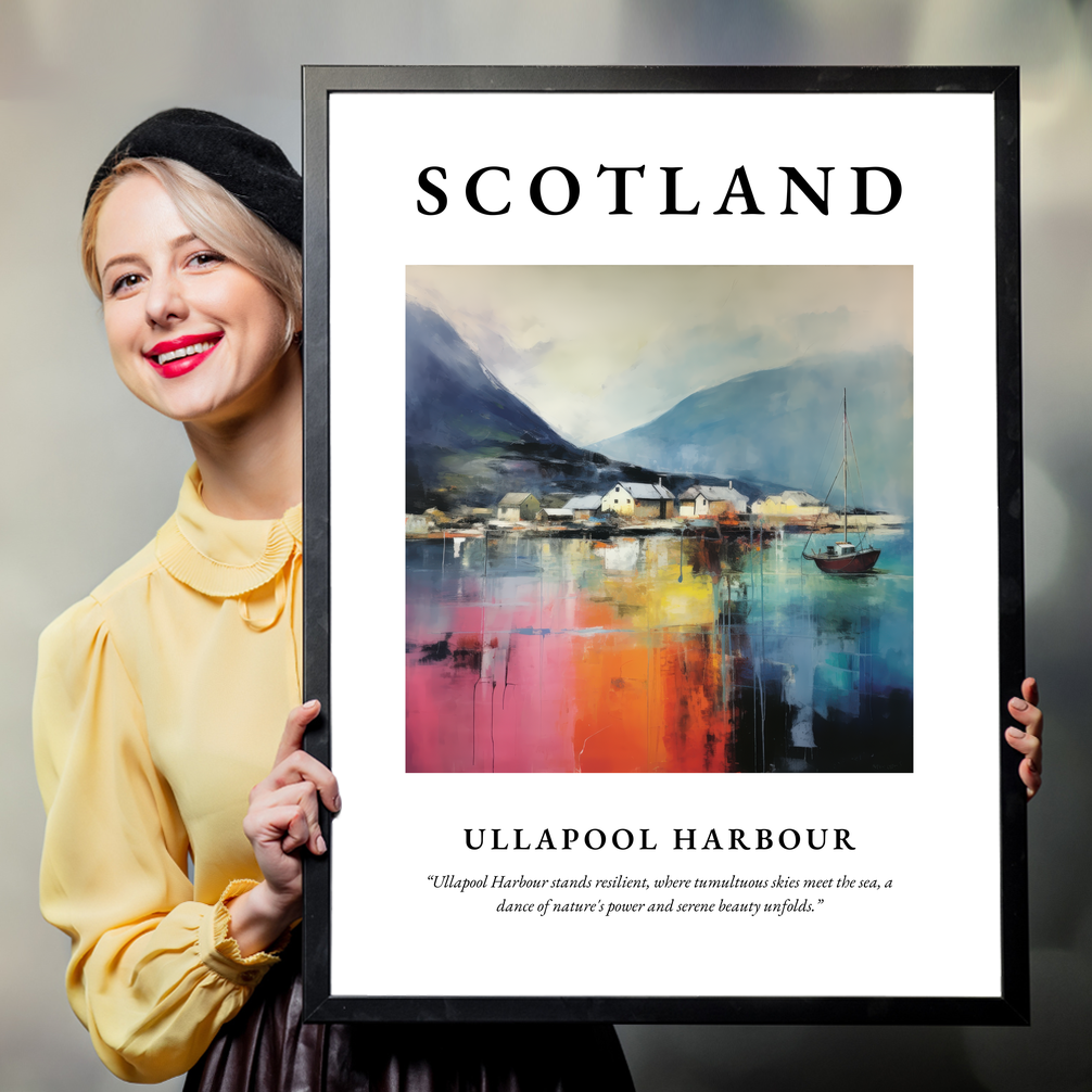 Person holding a poster of Ullapool Harbour