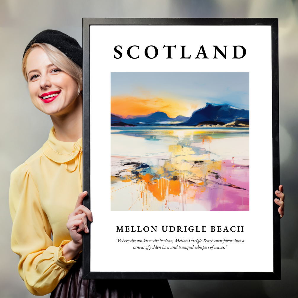 Person holding a poster of Mellon Udrigle Beach