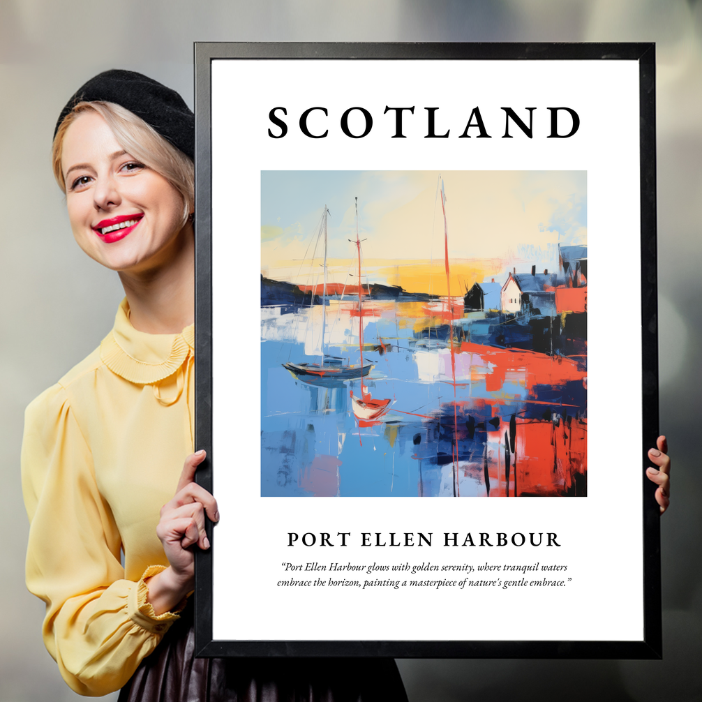 Person holding a poster of Port Ellen Harbour