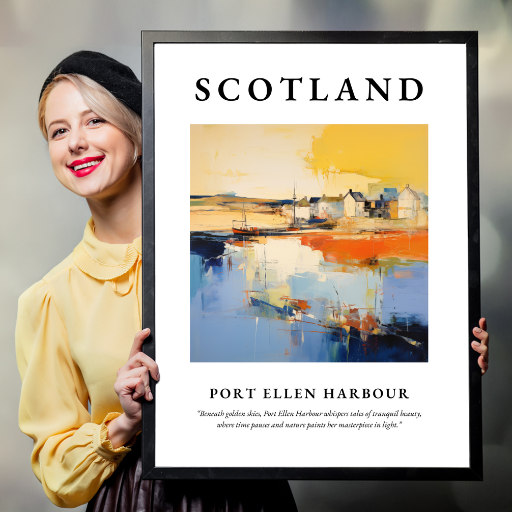 Person holding a poster of Port Ellen Harbour